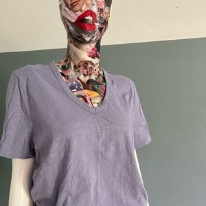 Woman’s purple, short sleeved, V neck, size L, T shirt